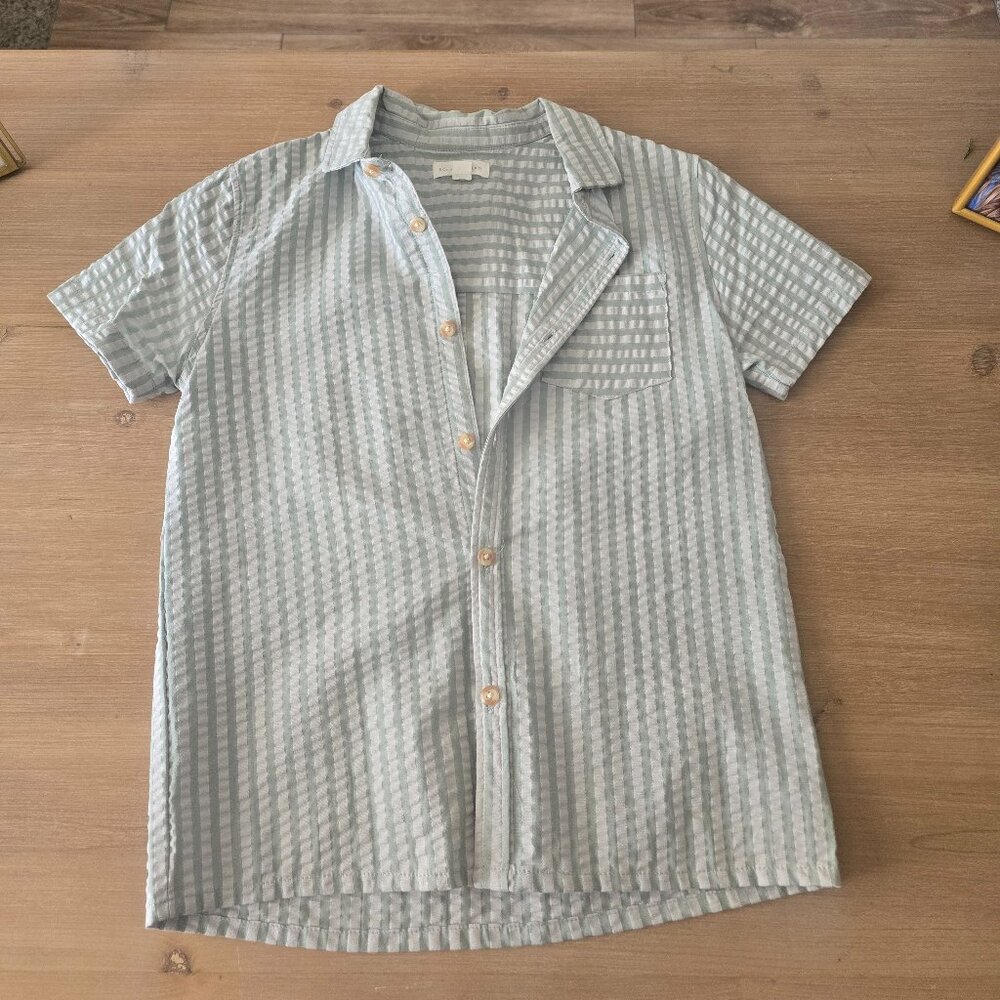 Boys Green Stripe Camp Button-Down  Short Sleeve Shirt - Size 10/12